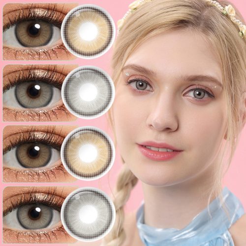 Model wearing Luna colored contacts in four color variants