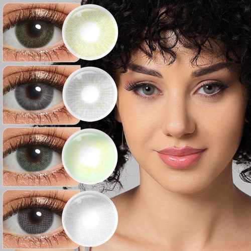 Model wearing Alaska colored contacts in four variants