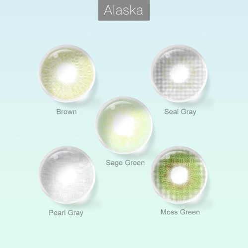 Alaska colored contacts in brown, seal gray, sage green, pearl gray and moss green