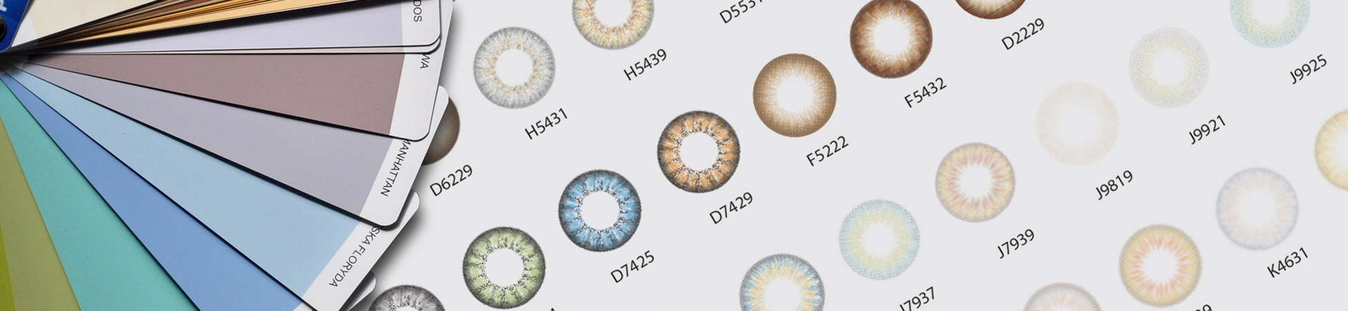 Colored contact lens pattern catalog with numbered design samples