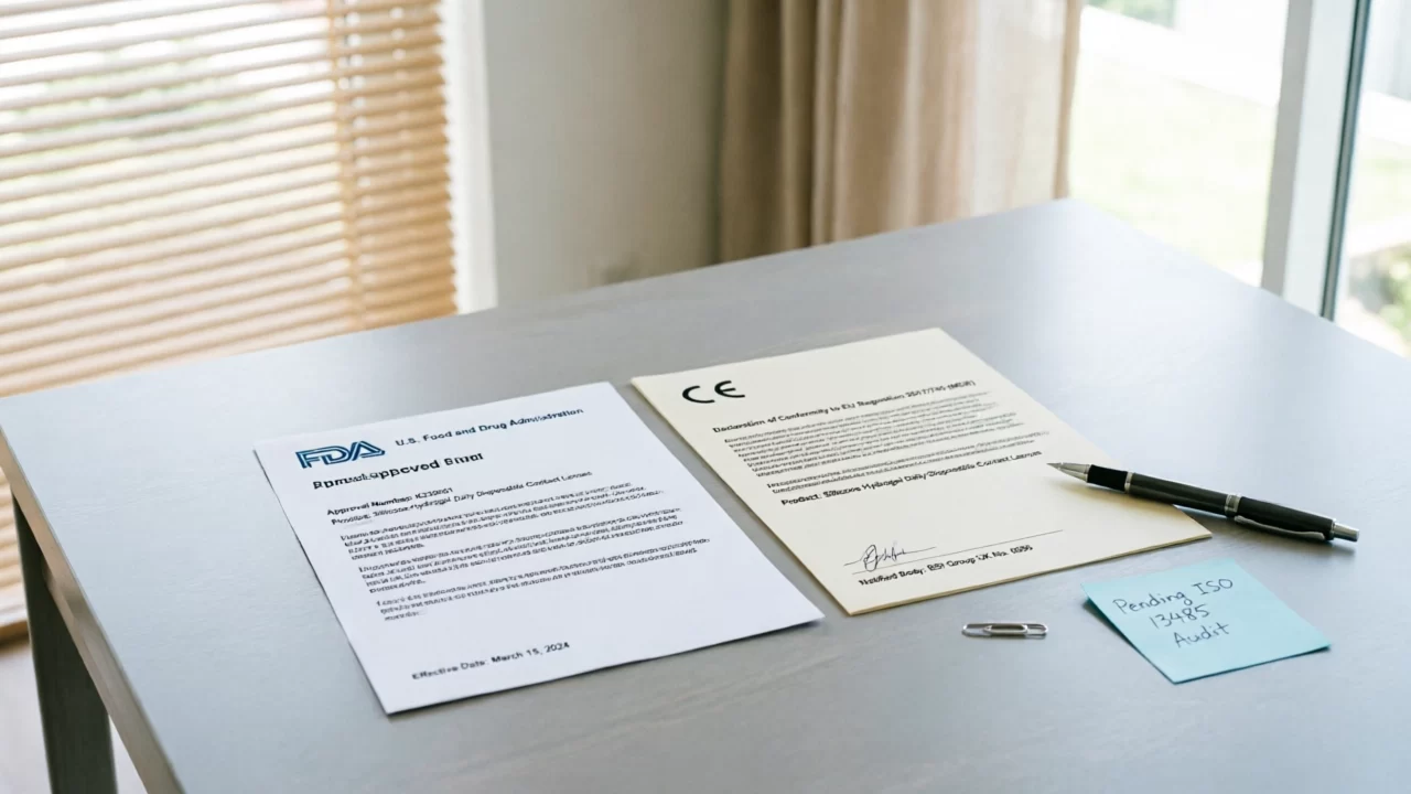 FDA and CE certification documents for contact lenses